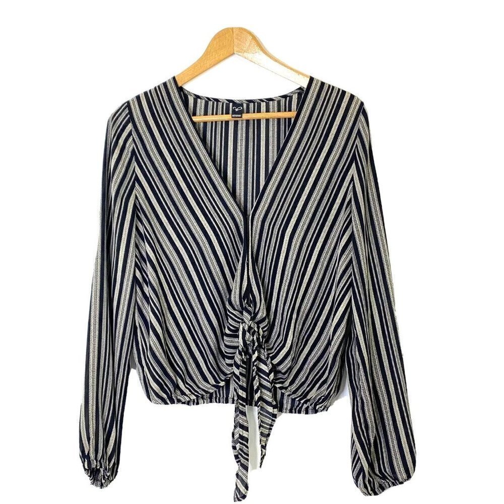 Windsor Crop Blouse Womens Medium Deep V'd Semi Sheer Long Sleeve Knot Black